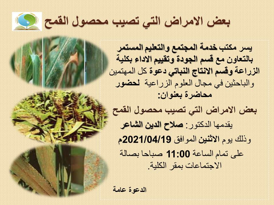محاضرة بعنوان : بعض الأمراض التي تصيب محصول القمح